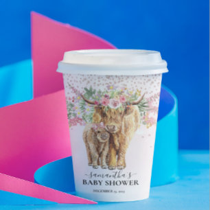 Pink Girl Floral Highland Cow Calf Baby Shower Paper Cups