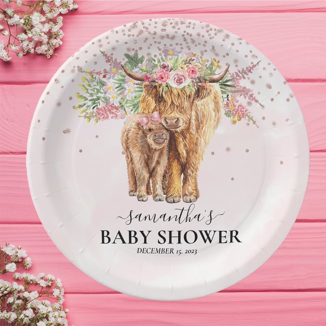 Pink Girl Floral Highland Cow Calf Baby Shower   Paper Plate (Creator Uploaded)