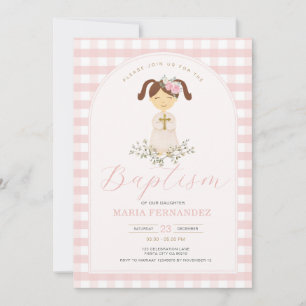 Pink Girl Gingham Wildflowers Christening Baptism Invitation