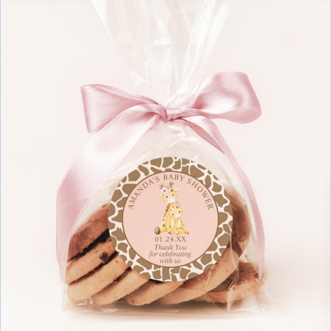 Pink Girl Giraffe Baby Shower Classic Round Sticker (Creator Uploaded)
