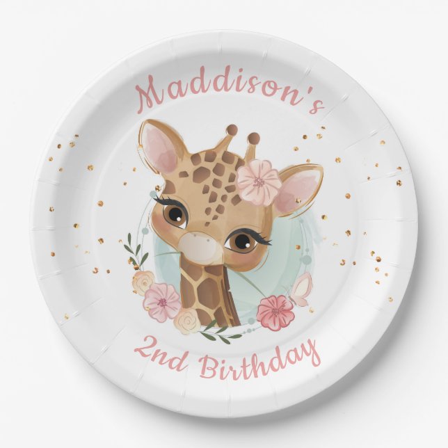 Pink Girl Giraffe Birthday Baby Shower Paper Plate (Front)