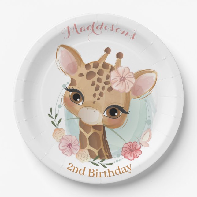 Pink Girl Giraffe Birthday Baby Shower Paper Plate (Front)