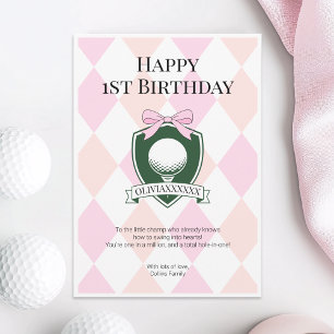  Pink Girl Golf Hole in One Happy 1st Birthday Card