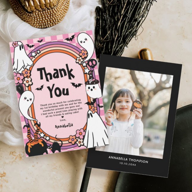 Pink Girl Halloween Photo Birthday Party Thank You Card (Creator Uploaded)