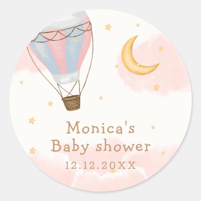Pink Girl Hot Air Balloon Moon Star Baby Shower Classic Round Sticker (Front)