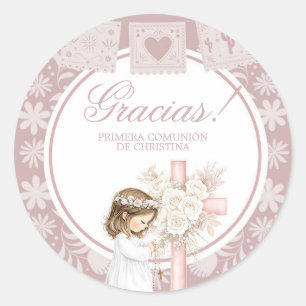 Pink Girl Kneeling Primera Comunion Classic Round Sticker