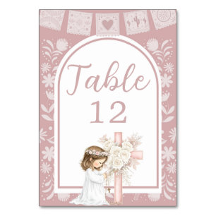 Pink Girl Kneeling Primera Comunion Table Number