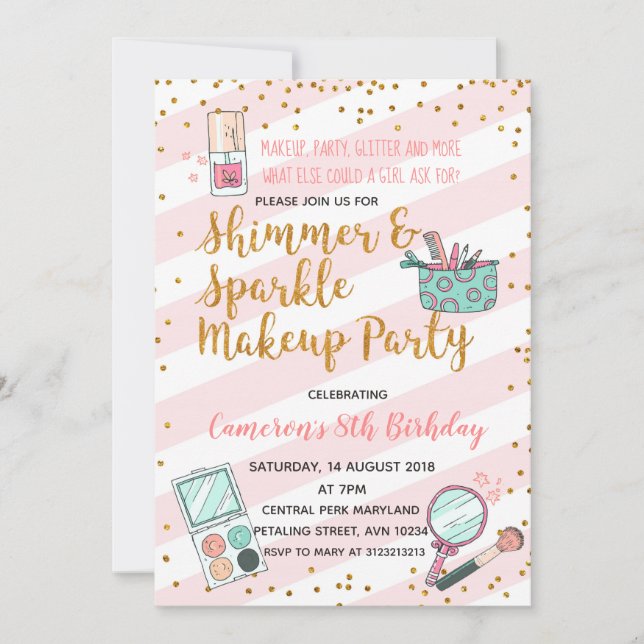 Pink girl makeup birthday party invitation (Front)