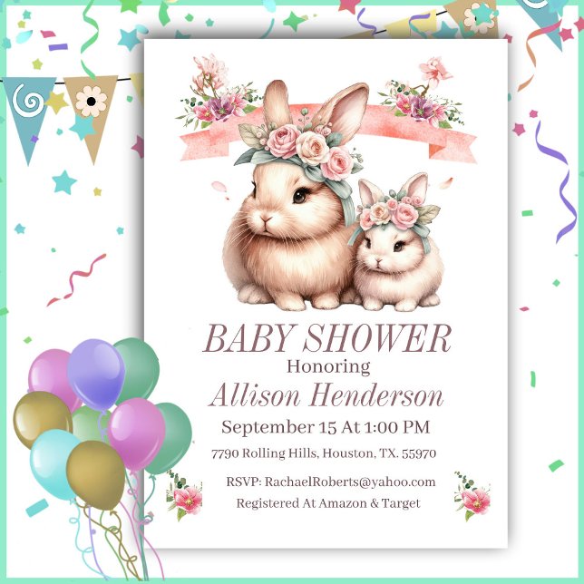 Pink Girl Mummy And Baby Bunny Baby Shower  Invitation (Creator Uploaded)