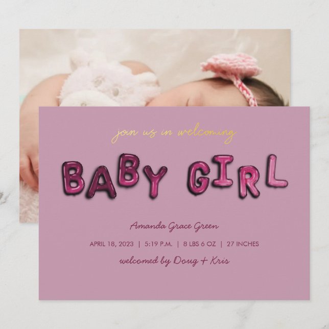 Pink Girl Mylar Balloon Baby Announcement (Front/Back)