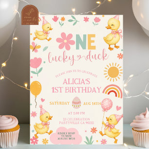 Pink Girl One Lucky Duck birthday invitation