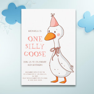 Pink Girl One Silly Goose 1st Birthday Invitation