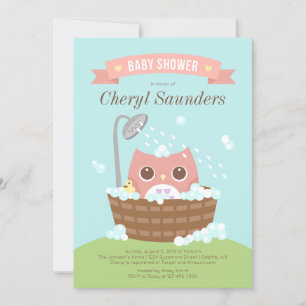 Pink Girl Owl in Wooden Tub Shower Invitation