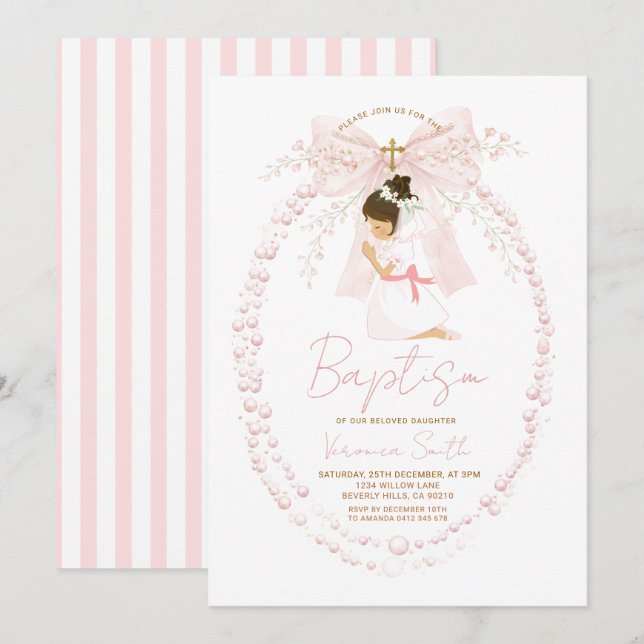 Pink Girl Pearls Bow Baptism Invitation (Front/Back)
