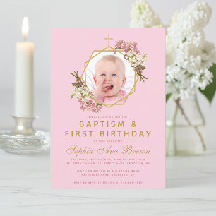 Pink Girl Photo Baptism First Birthday Orchids Invitation