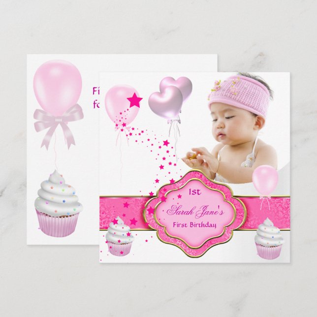 Pink Girl Photo First 1st Birthday Party Invitation (Front/Back)