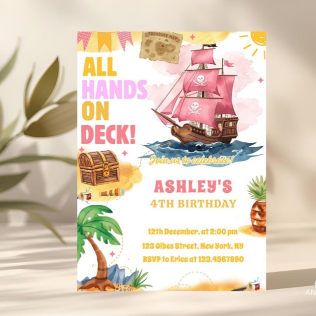 Pink Girl Pirate Theme Birthday invitation (pink girl pirate theme invitation, girl pirate, pirate invitation, pirate theme, pirate birthday, pi)