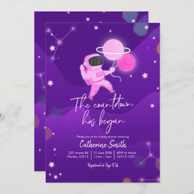 Pink Girl Planet Space Baby Shower Invitation (Front/Back)