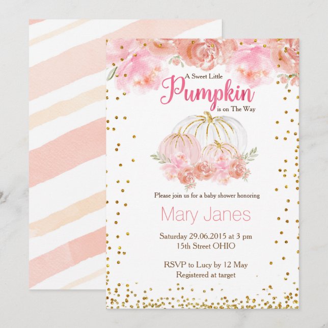 Pink girl pumpkin baby shower watercolor invitation (Front/Back)