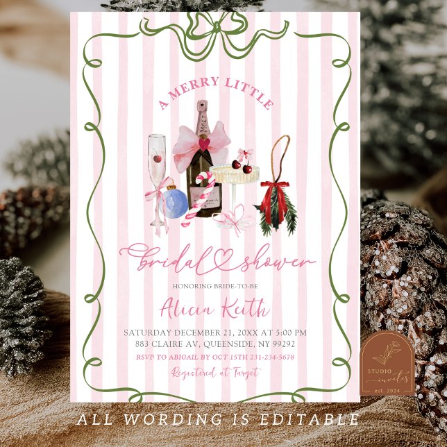 Pink Girl Quirky Stripes Christmas Bridal Shower Invitation (Creator Uploaded)