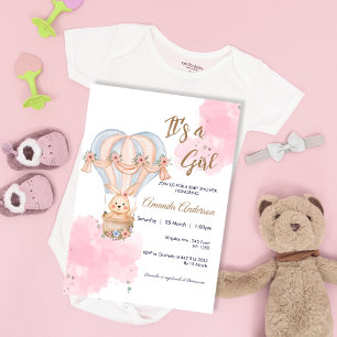 Pink Girl Rabbit Balloon Baby Shower Invitation