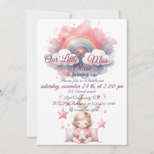 Pink Girl Rainbow Star Birthday Invitation