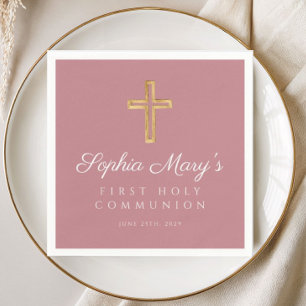 Pink Girl Religious Cross First Communion Napkin