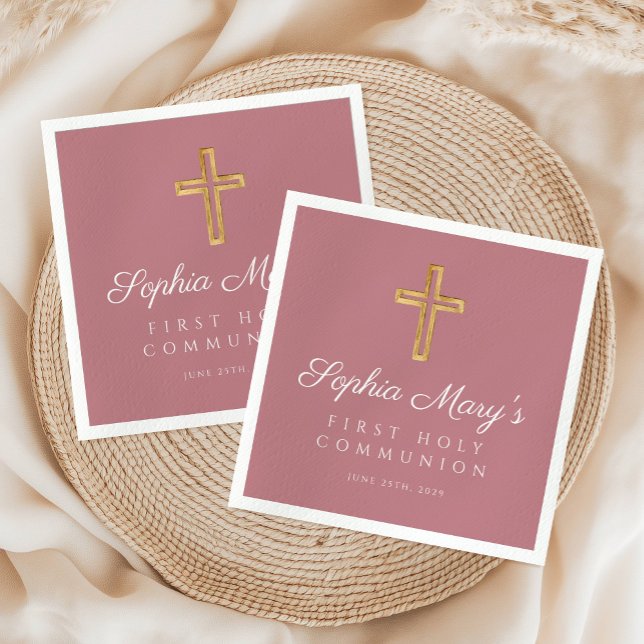 Pink Girl Religious Cross First Communion Napkin (Pink Girl Religious Cross First Communion Napkins)