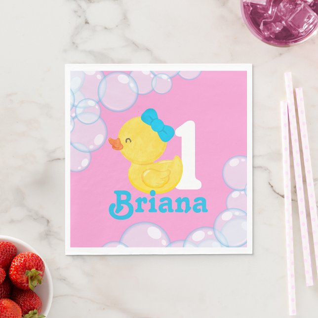 Pink Girl Rubber Duck Personalised Birthday Napkin (Creator Uploaded)