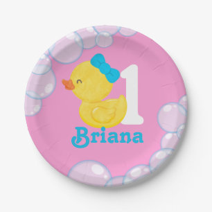 Pink Girl Rubber Duck Personalised Birthday Paper Plate