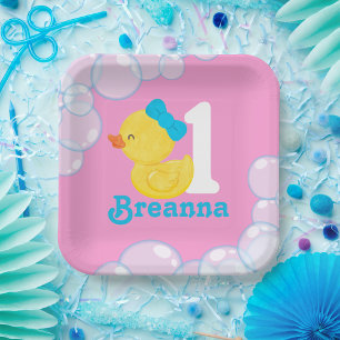 Pink Girl Rubber Duck Personalized Birthday Paper Plate