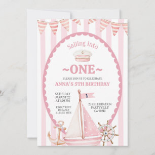 Pink Girl Sail into one sailor birthday Invitation