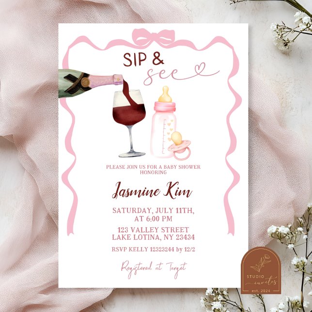 Pink Girl Sip and See Baby Shower Invitation (Creator Uploaded)