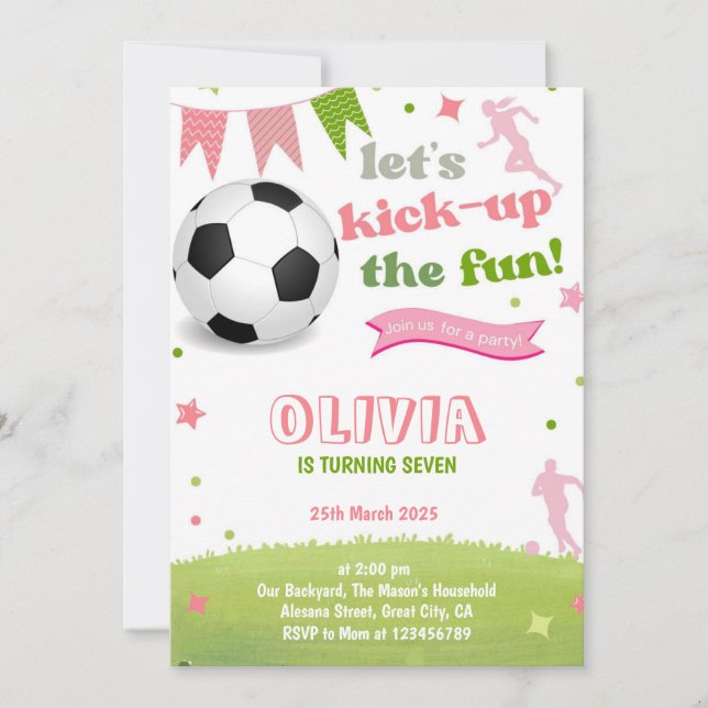 Pink Girl Soccer Birthday Invitation Football Card (Front)