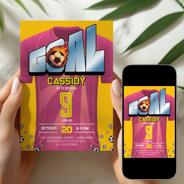 Pink Girl Soccer Shirt Birthday Party Invitation (Creator Uploaded)