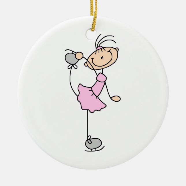Pink Girl Stick Figure Ice Skater Ceramic Tree Decoration (Front)