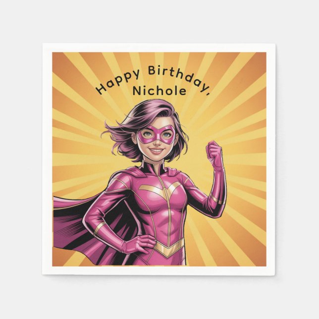 Pink Girl Superhero Birthday Party Napkin (Front)