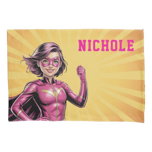 Pink Girl Superhero Birthday Party  Pillowcase (Front)