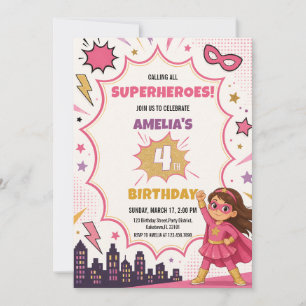 Pink Girl Superhero Comic Book Birthday Invitation