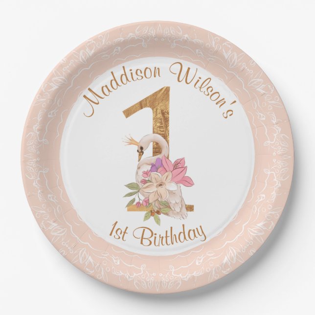 Pink Girl Swan 1st Birthday Paper Plate (Front)