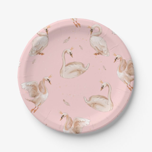 Pink Girl Swan Birthday/ Baby Shower /Party Paper Plate (Front)