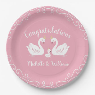 Pink Girl Swans Baby Shower Paper Plate