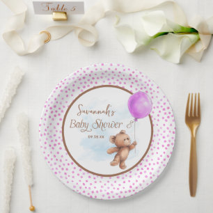 Pink Girl Teddy Bear Baby Shower Paper Plate