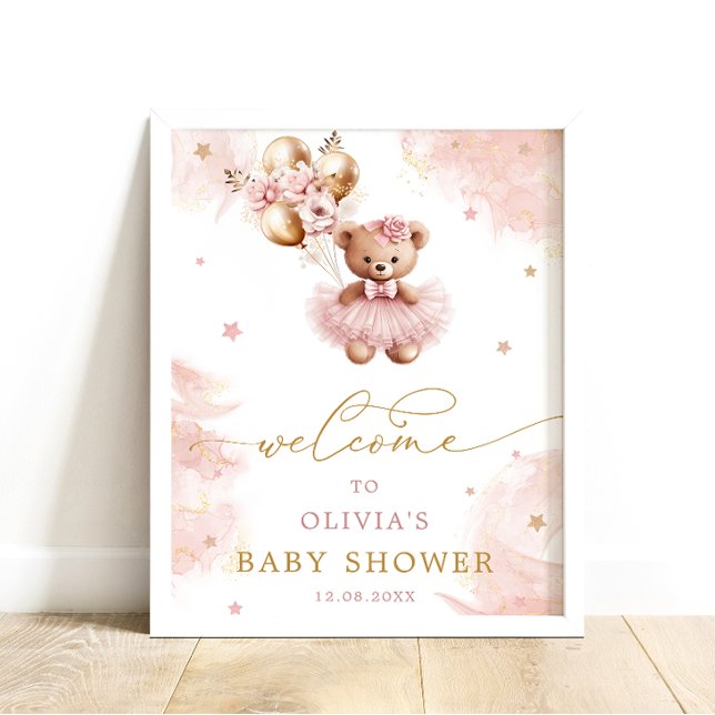 Pink Girl Teddy Bear Baby Shower Welcome Poster (Creator Uploaded)