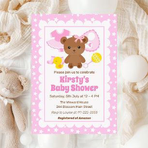 Pink Girl Teddy Bear Clothes Baby Shower Invitation