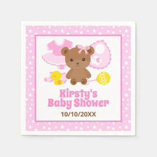 Pink Girl Teddy Bear Clothes Baby Shower Napkin