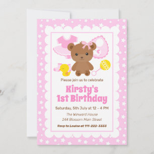 Pink Girl Teddy Bear Clothes Birthday Invitation