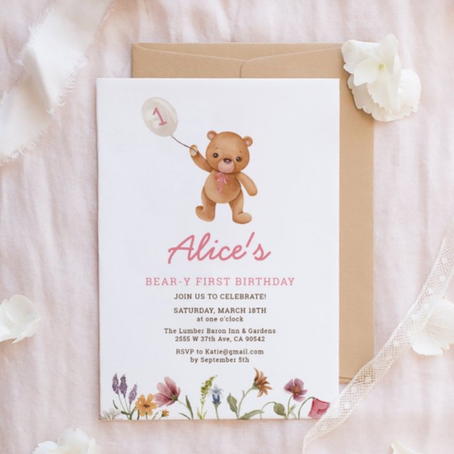 Pink Girl Teddy Bear First Birthday Invitation (Creator Uploaded)