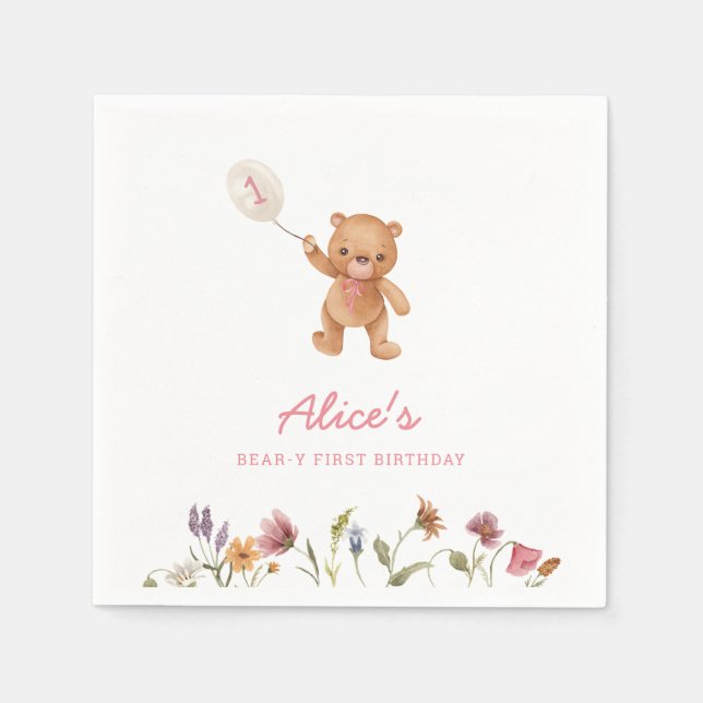 Pink Girl Teddy Bear First Birthday Invitation Napkin (Front)
