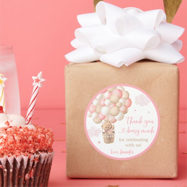 Pink Girl Teddy Bear Hot Air Balloon Baby Shower Classic Round Sticker (Party)
